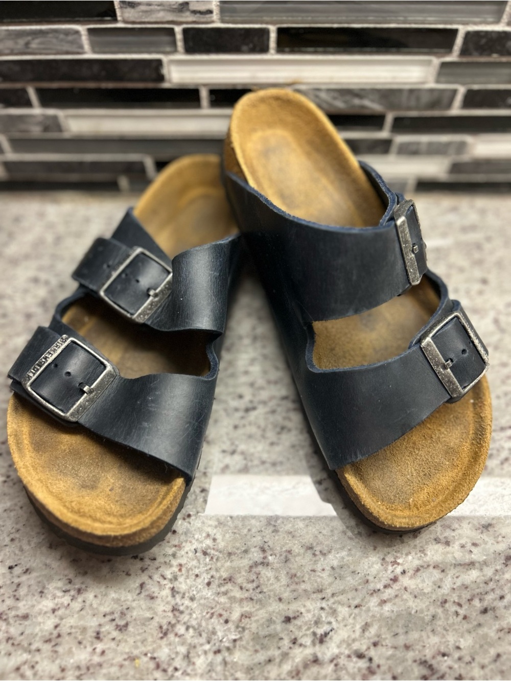 Birkenstock Arizona Navy Leather Double Buckle Slide Sandals size 6 (37)